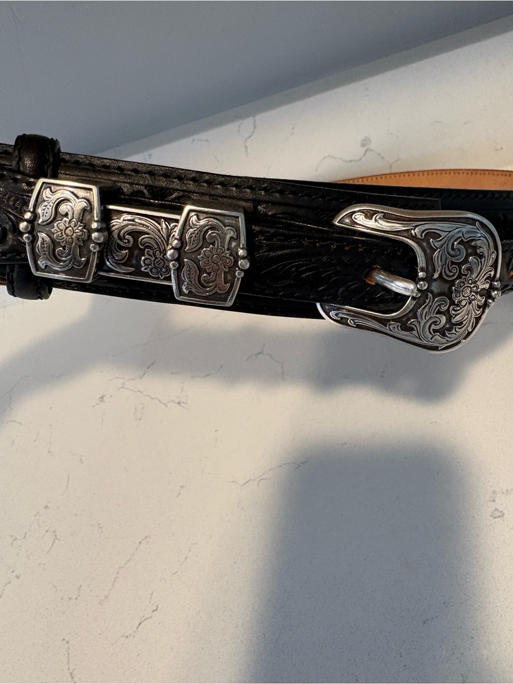 Tony Lama Western-Style Black Leather Belt with Decorative Silver tone  Buckle